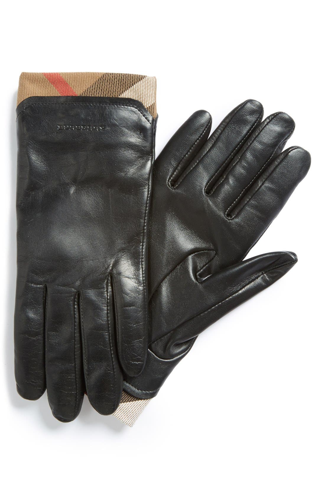burberry check trim leather gloves