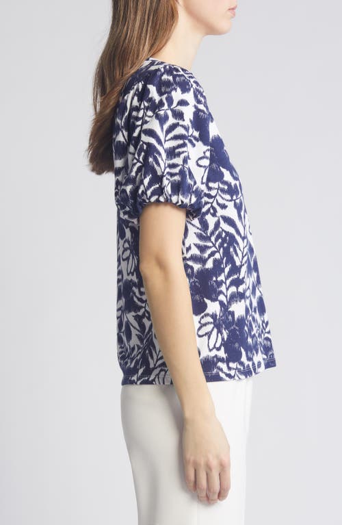 Anne Klein Floral Puff Sleeve T-shirt In Blue/white
