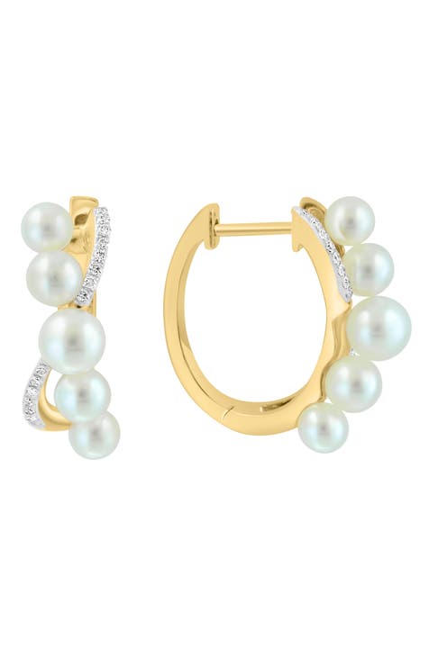 14K Gold Freshwater Pearl & Diamond Hoop Earrings - 0.12ct.