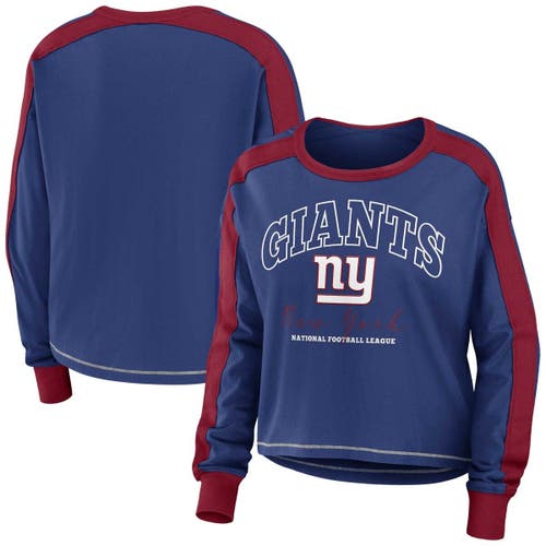 Women's WEAR by Erin Andrews Royal/Red New York Giants Color Block Modest Crop Long Sleeve T-Shirt