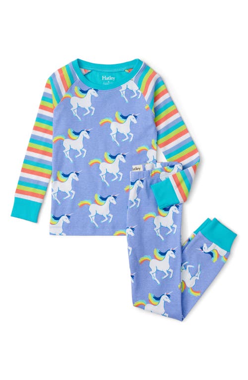 Hatley Kids' Galloping Unicorns Cotton Fitted Two-Piece Pajamas in Vista Blue