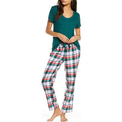 Rachel Parcell Knit & Plaid Fleece Pajamas, Green (Nordstrom Exclusive)