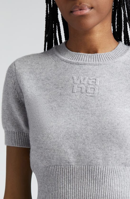Shop Alexander Wang Embossed Logo Short Sleeve Crop Cotton & Wool Sweater In Heather Grey