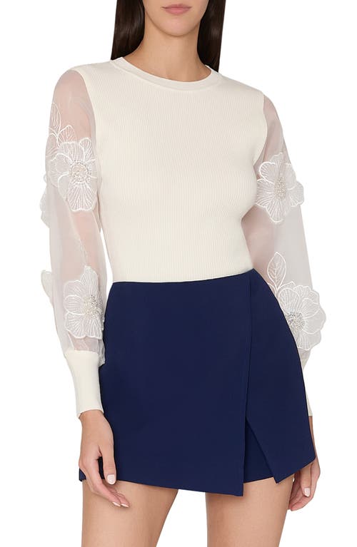 Shop Milly Koda Floral Organza Sleeve Sweater In Ecru