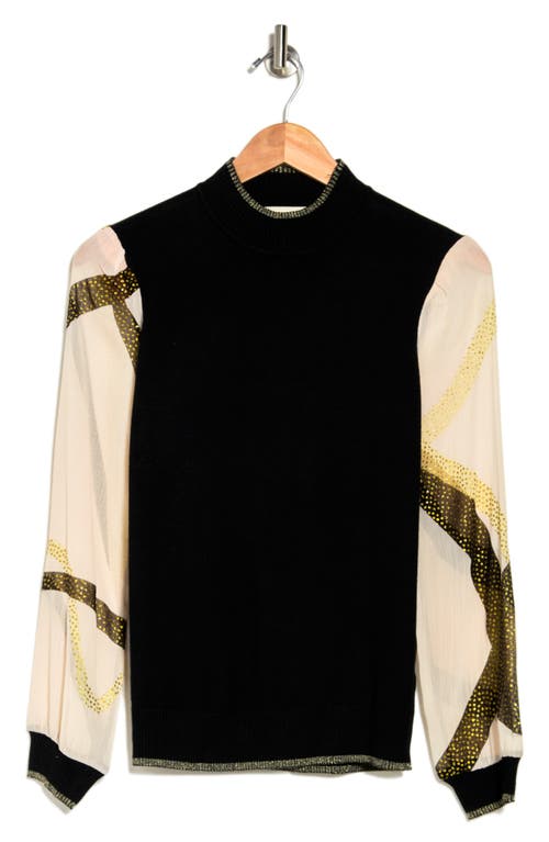 Shop By Design Leila Mock Neck Chiffon Sleeve Sweater In Black W/coral Flow