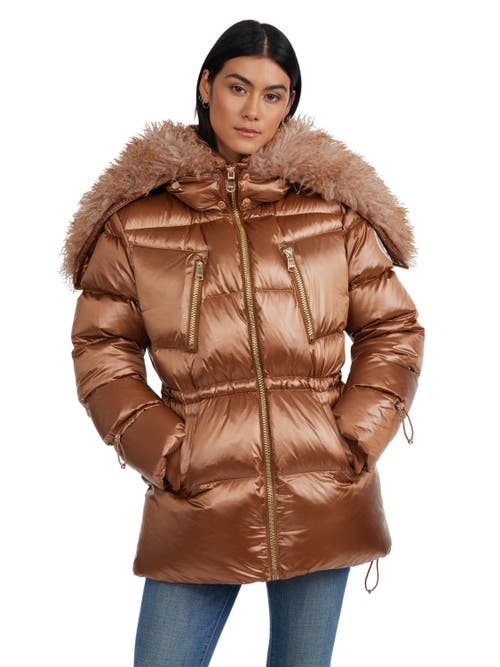 Shop Pajar Electra Mid Puffer With Detachable Shearling Lined Split Hood In Copper