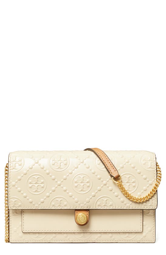 Shop Tory Burch T Monogram Embossed Leather Wallet On A Chain In Light Cream
