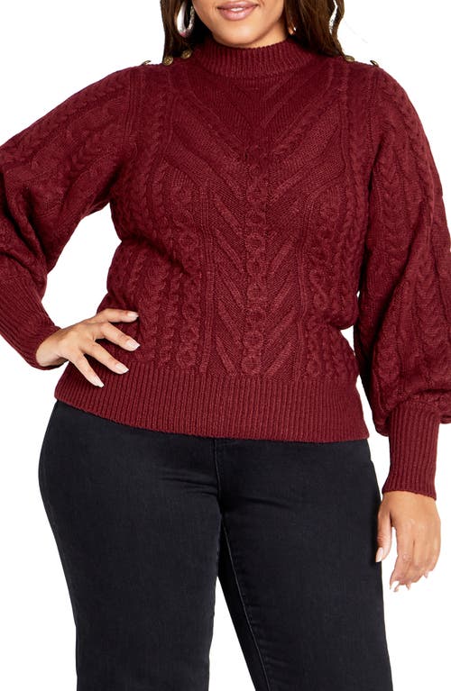City Chic Saskia Button Shoulder Mock Neck Cable Stitch Sweater in Cabernet at Nordstrom