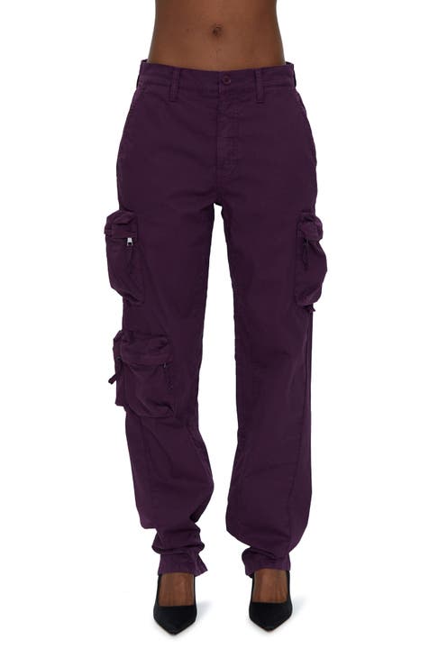 Peyakidsaa Women's Casual Loose Cargo Pants Purple Low Waist Multi-pockets  Wide Leg Pants 
