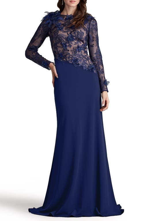 Shop Tadashi Shoji Floral Embroidery Long Sleeve Lace Gown In Notte/nude