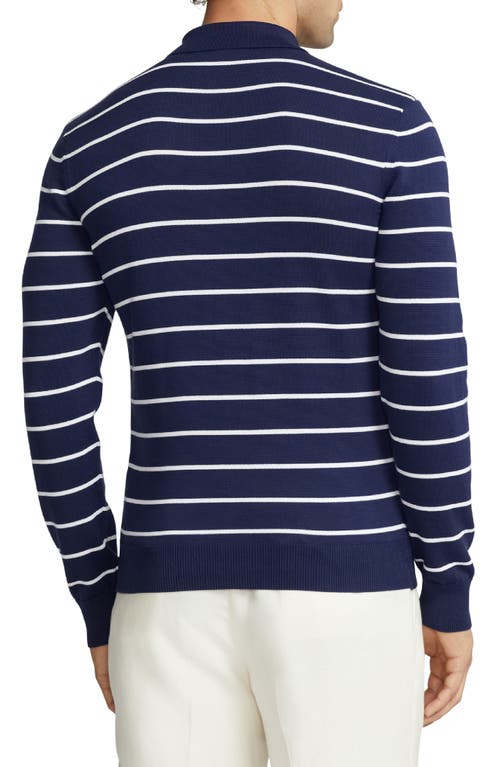 Shop Ralph Lauren Purple Label Stripe Cotton Polo Sweater In Spring Navy/optic White