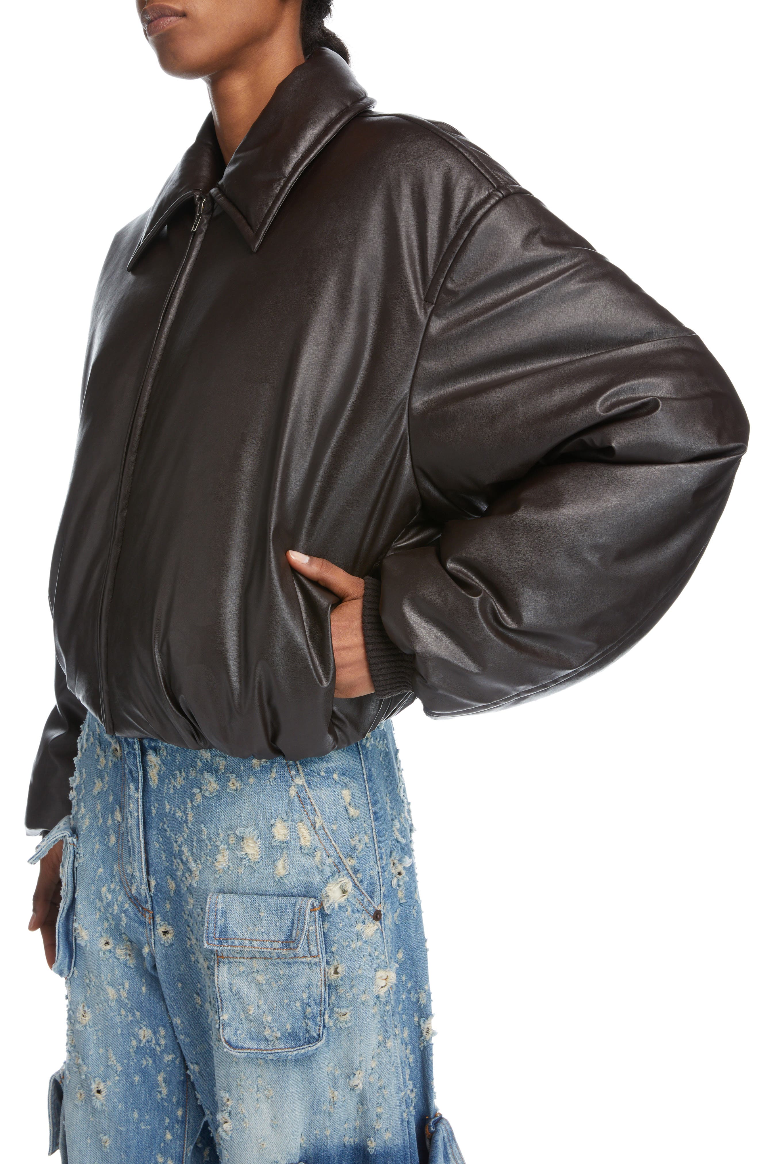 Brown Vegan Leather Bomber Jacket