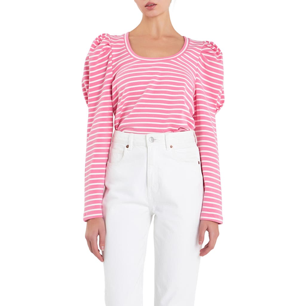 English Factory Stripe Puff Sleeve Knit Top In Pink/white