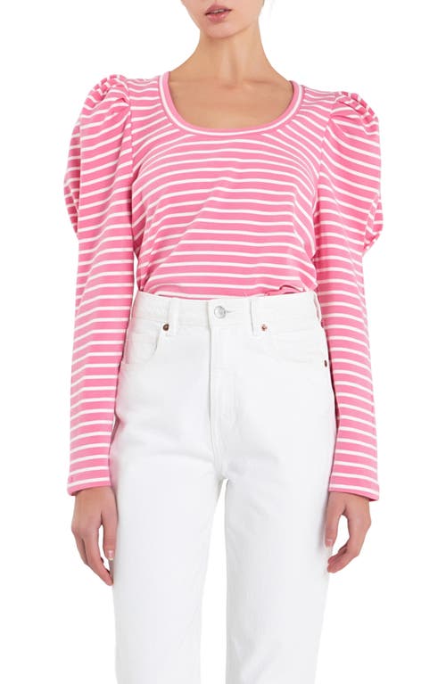 English Factory Stripe Puff Sleeve Knit Top Pink/White at Nordstrom,