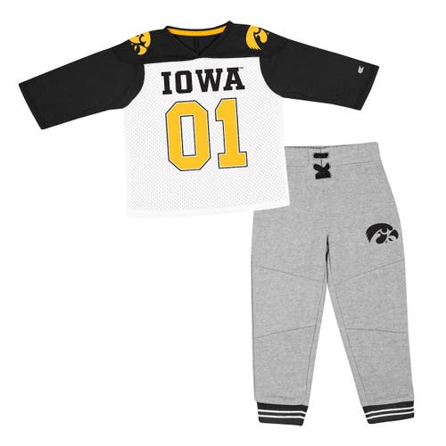 Toddler Colosseum Black/Heather Gray Iowa Hawkeyes Jingtinglers Football V-Neck Jersey T-Shirt & Pants Set