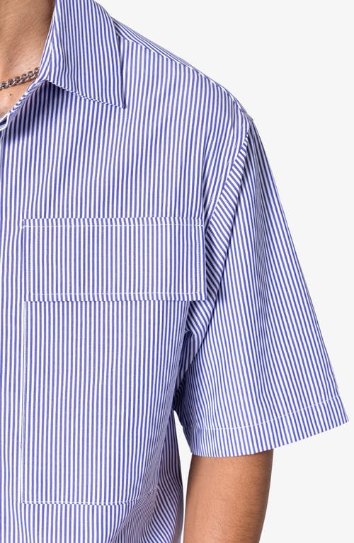 Mnml Oversize Crop Stripe Short Sleeve Button-up Shirt In Blue