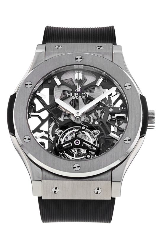 Shop Watchfinder & Co. Hublot  2013 Classic Fusion Skeleton Rubber Strap Watch, 45mm In Black/ Grey