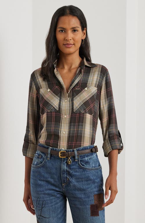 Shop Lauren Ralph Lauren Plaid Button-up Shirt In Brown/tan/blue Multi