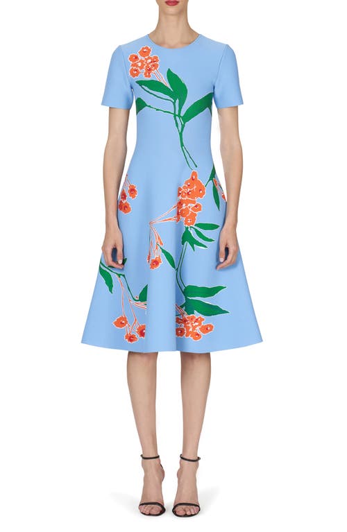 Floral Print Jacquard Knit Fit & Flare Dress in Lake Blue Multi