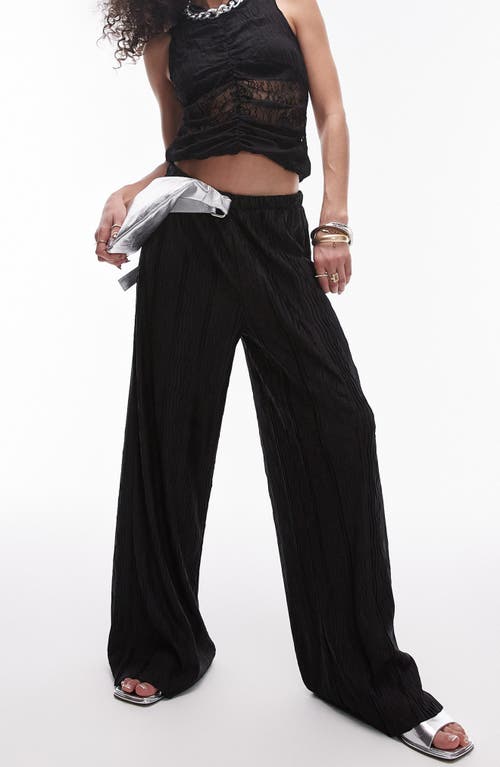 Topshop Textured Plissé Wide Leg Pants Black at Nordstrom,