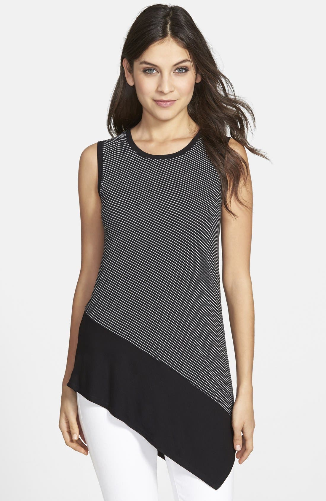 Vince Camuto Contrast Hem Stripe Sleeveless Asymmetrical Top Nordstrom