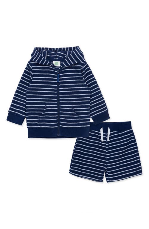 Little Me Stripe Hooded Jacket & Shorts Set Blue at Nordstrom,