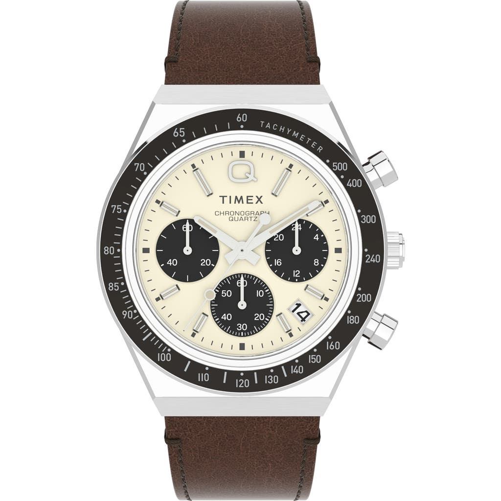 Shop Timex ® Q  Chronograph Leather Strap Watch, 40mm In Silver/cream/brown