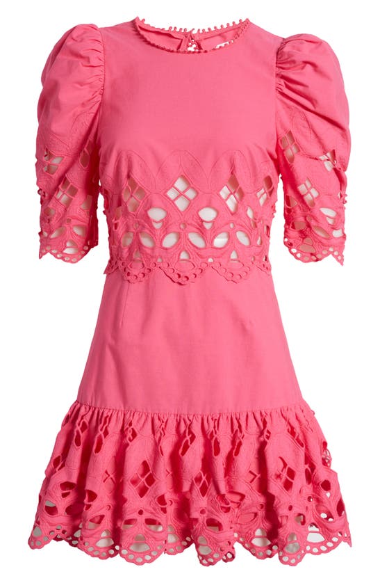 Shop Saylor Auroette Eyelet Puff Sleeve Cotton Poplin Dress In Hot Pink