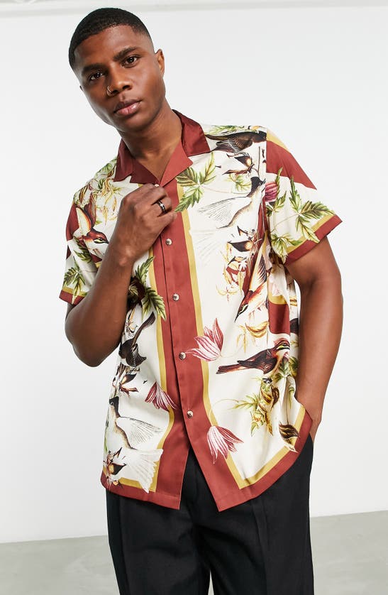 ASOS DESIGN relaxed revere shirt in brown with border print and