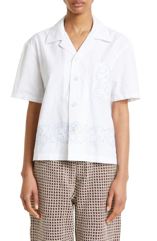 Bode Zig-Zag Couching Short Sleeve Button-Up Shirt White Blue at Nordstrom,