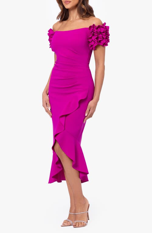 Shop Xscape Evenings Ruffle Off The Shoulder Midi Cocktail Dress In New Fuchsia