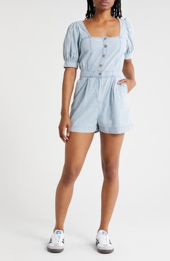 Hurley Jackson Puff Sleeve Cotton Chambray Romper In Blue