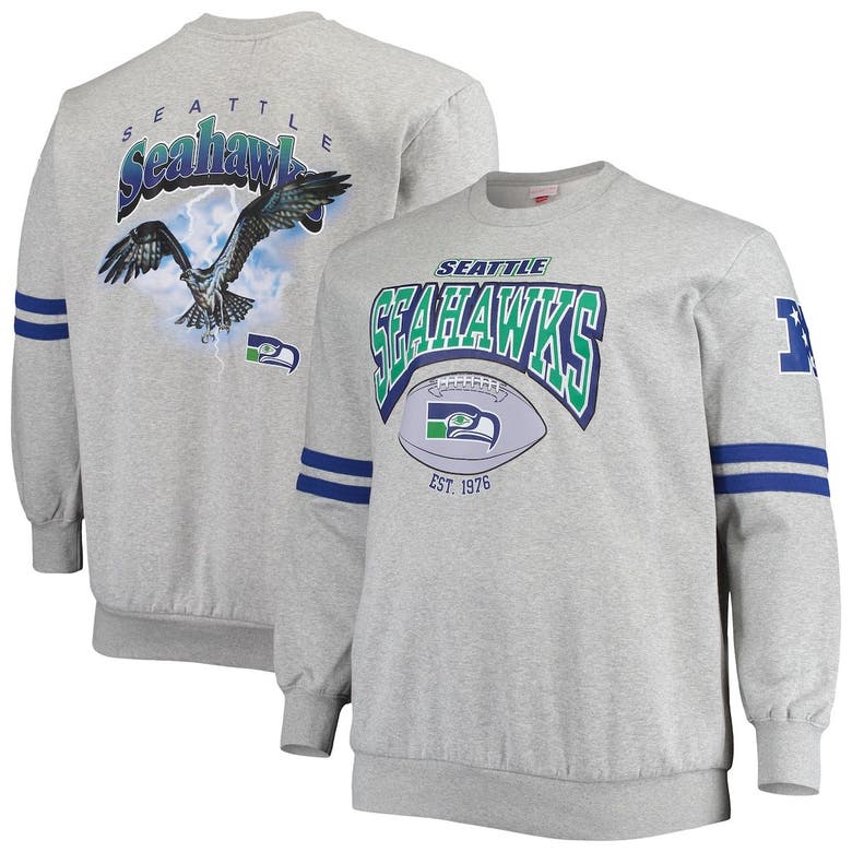 Men's Mitchell & Ness Heather Gray Seattle Seahawks Big and Tall Allover Print Pullover Sweatshirt Heathered Gray