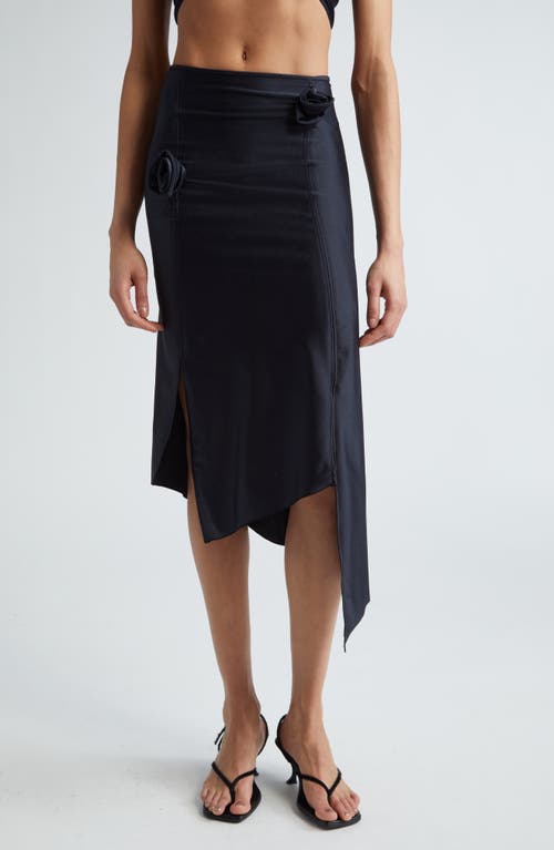 Rosette Asymmetric Jersey Midi Skirt in Black