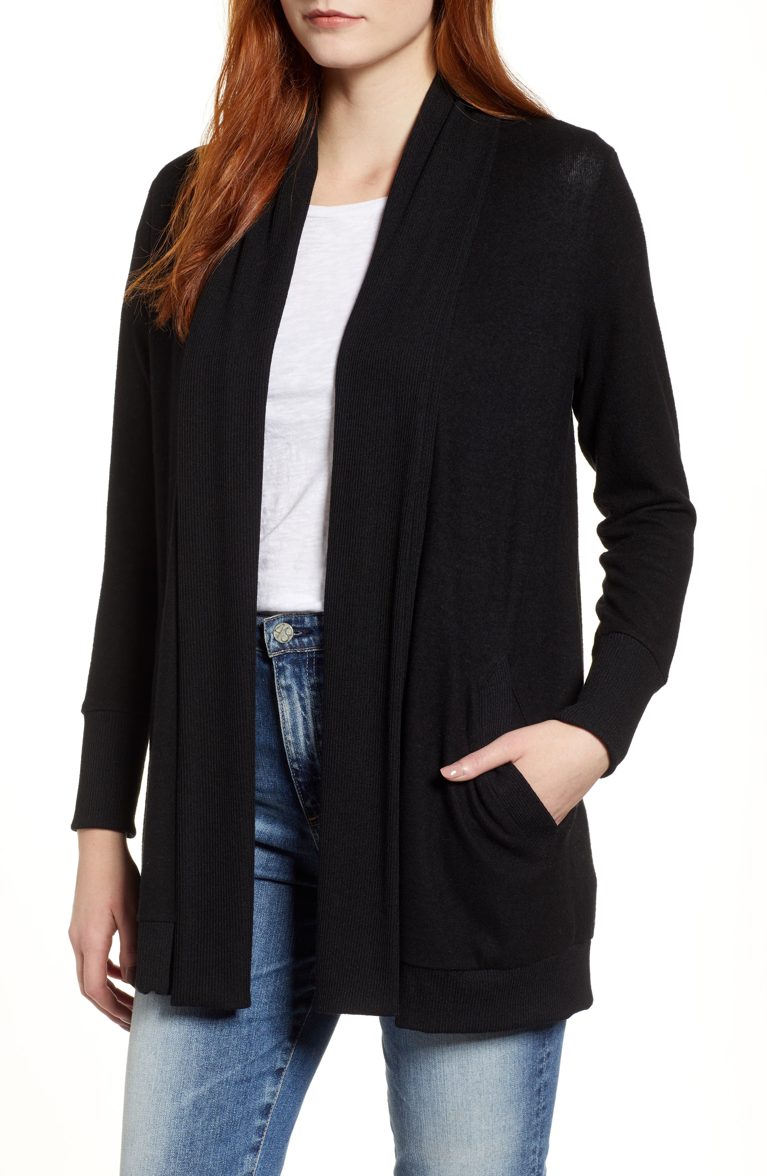 GIBSON Cozy Ribbed Cardigan, Main, color, BLACK