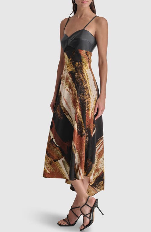 Shop Dkny Print Faux Leather Trim Maxi Dress In Black/paint Stroke