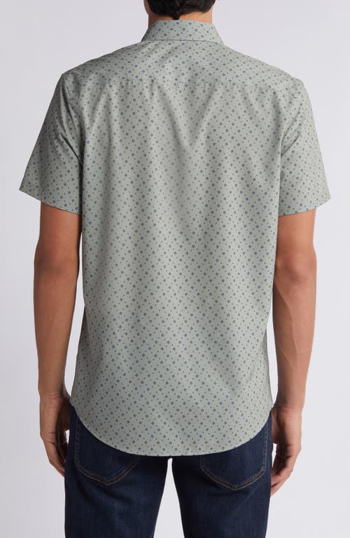 Shop Nordstrom Trim Fit Geo Print Short Sleeve Stretch Button-up Shirt In Green- Navy Geo Swirl