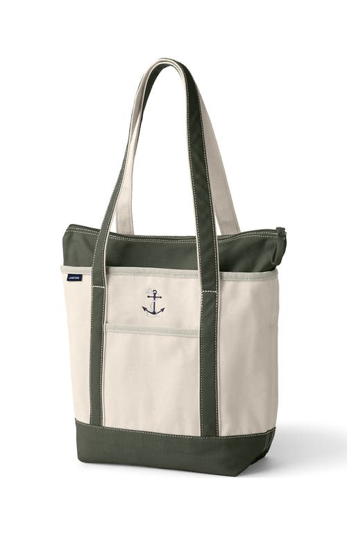 Lands' End Zip Top Long Handle Canvas Tote Bag In Natural/dark Olive Green