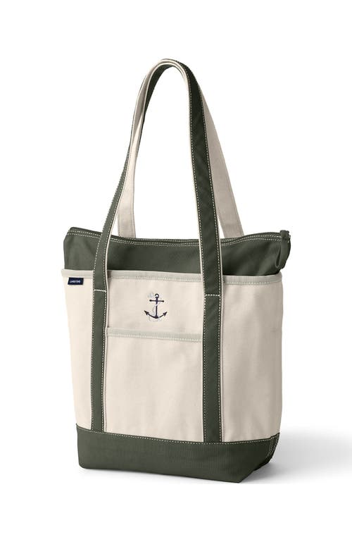 Shop Lands' End Zip Top Long Handle Canvas Tote Bag In Natural/dark Olive Green