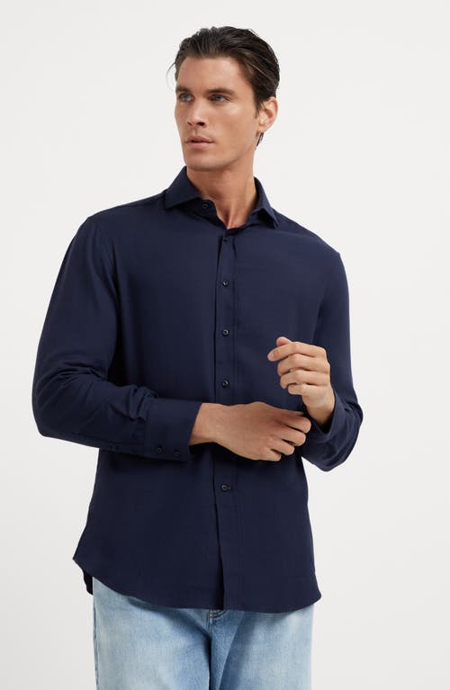 Shop Brunello Cucinelli Cotton And Cashmere Twill Basic Fit Shirt With Spread Collar In Blue