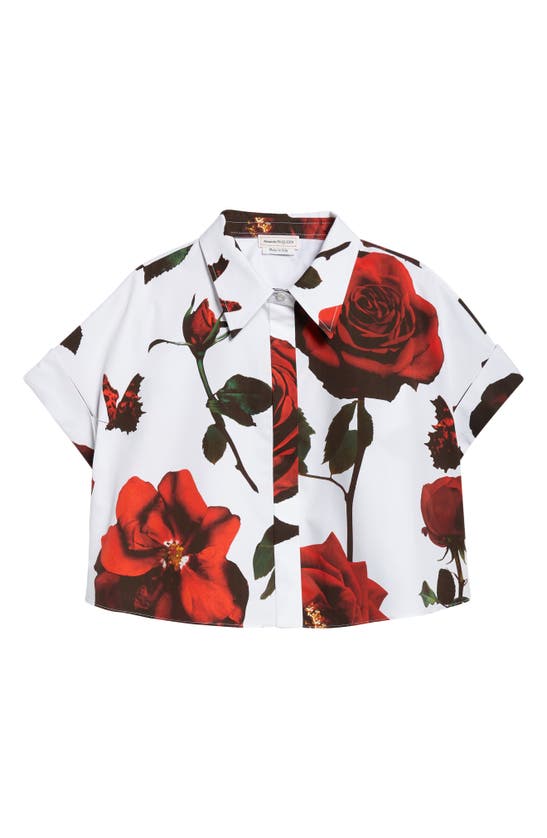 Shop Alexander Mcqueen Floral Crop Cotton Button-up Shirt In Opticalwhite