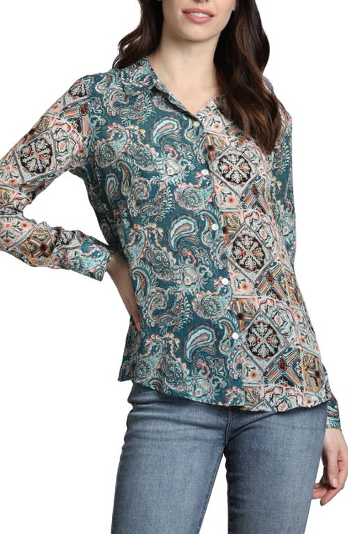 Apny Mixed Print Roll Tab Sleeve Chiffon Button-up Shirt In Blue Multi