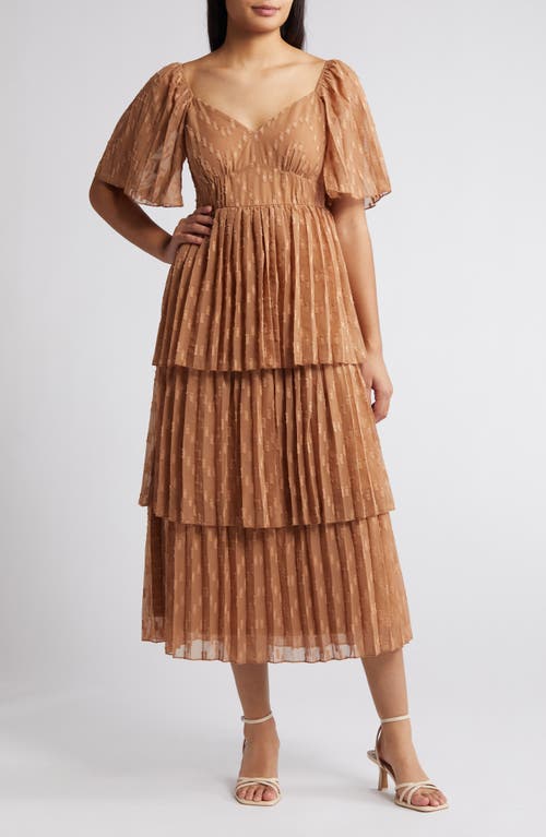Pleated Tiered Midi Dress in Tan