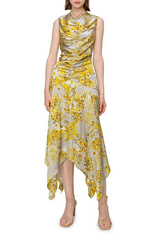 Floral Print Ruched Satin Midi Dress in Grey Yellow Floral