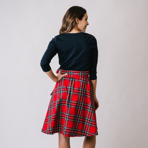 Hope & Henry French Skater Dress In Black Ponte Red Tartan