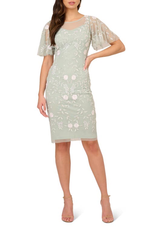 Adrianna Papell Floral Beaded Sheath Dress in Icy Sage/Ivory at Nordstrom, Size 12