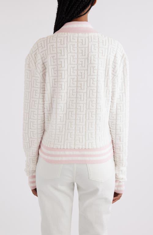 Shop Balmain Sponge Knit Monogram Long Sleeve Polo Sweater In White/pale Pink