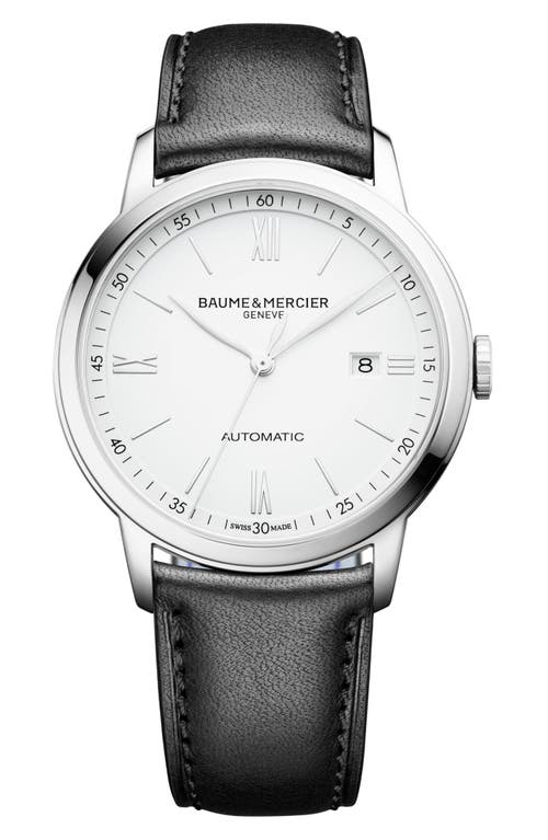 Baume & Mercier Classima Automatic Leather Strap Watch, 42mm in White/black at Nordstrom