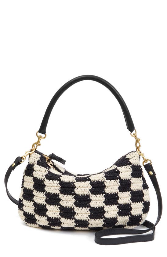 Shop Clare V Petit Moyen Crochet Cotton Messenger Bag In Black/cream Crochet Checker