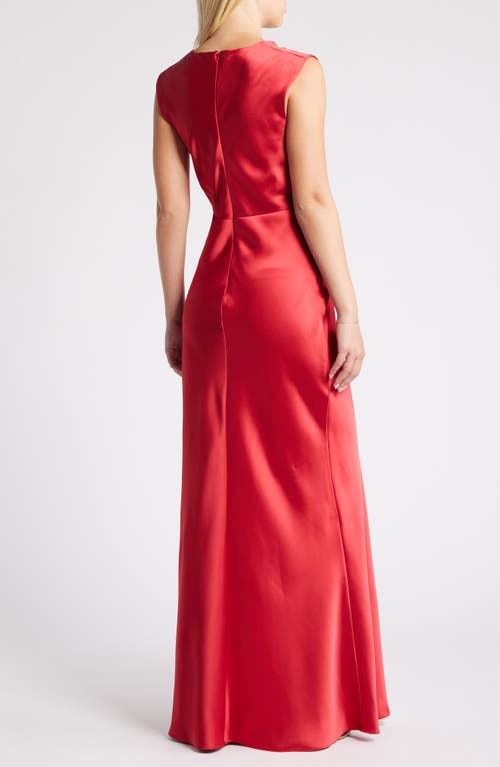 Shop Amsale Twist Front Satin V-neck Gown In Lipstick Red